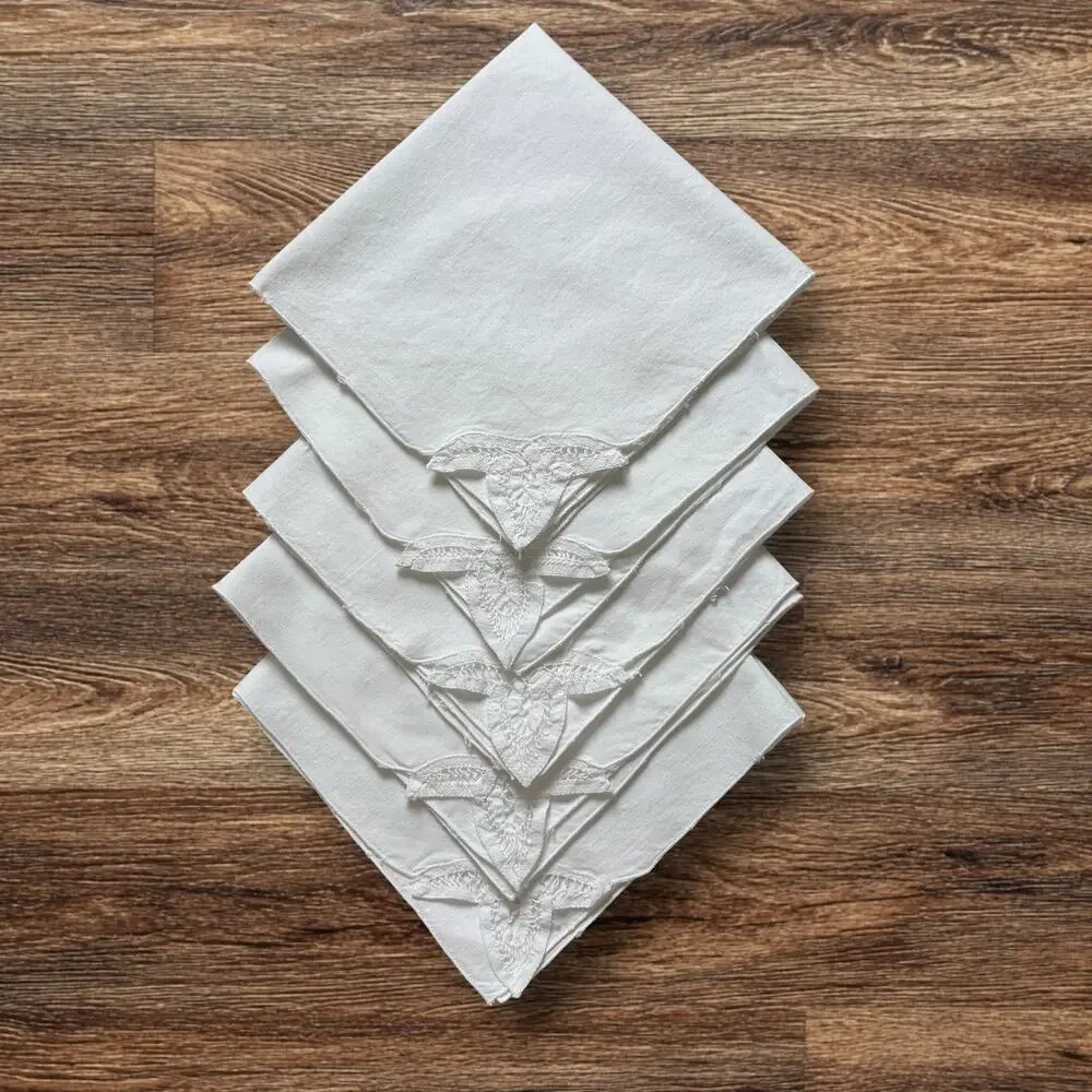 White Cotton Napkins Set 5 Cutwork Embroidered Lace 16